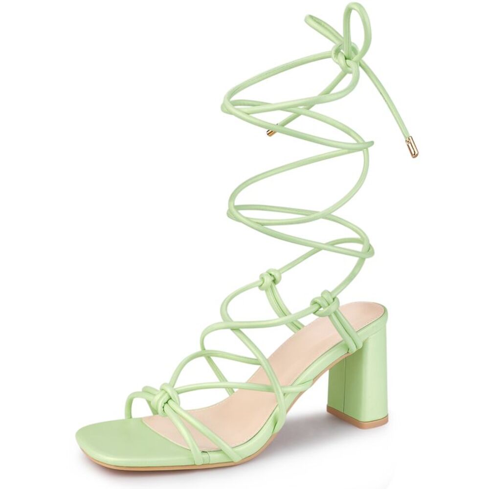 Strappy Heels Knots Square Toe Block Heel Lace Up Sandals Lime Green